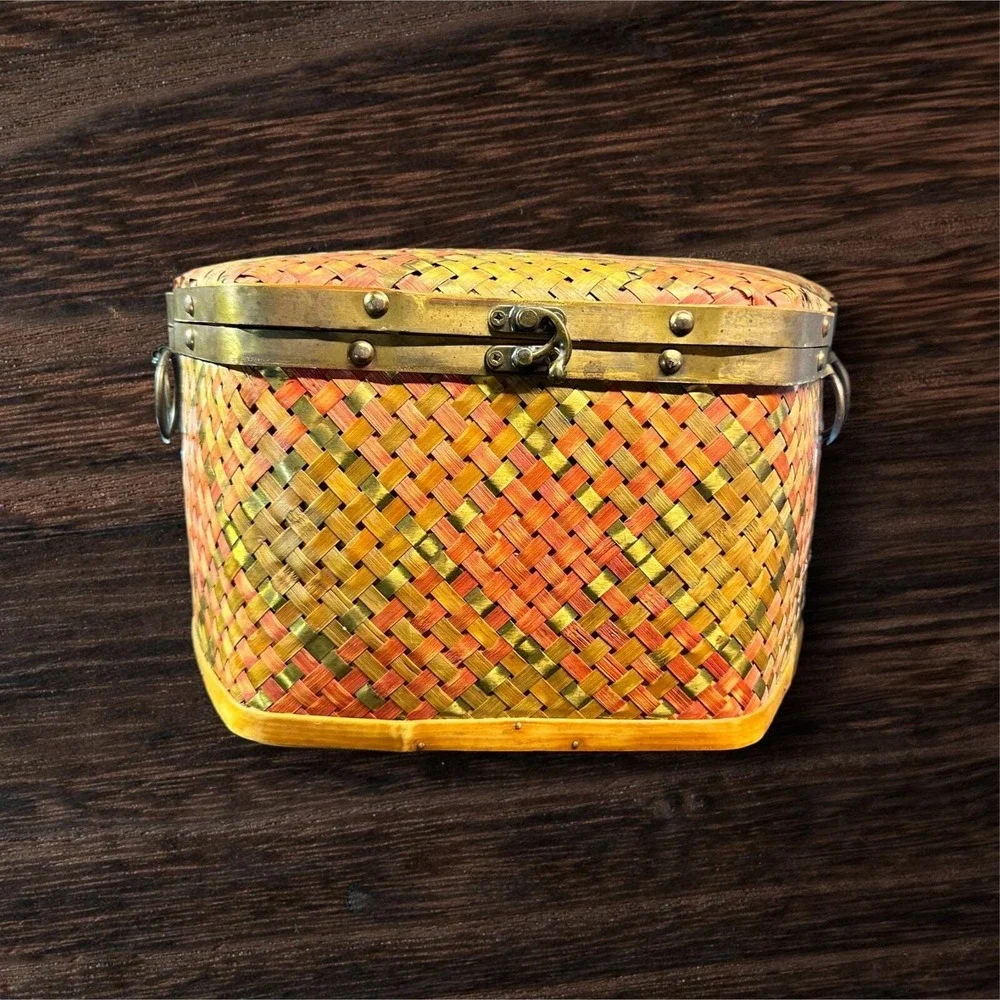 Vintage Woven Weave Metal & Wood Trinket Chest Hinged Keepsake Box Decor 13